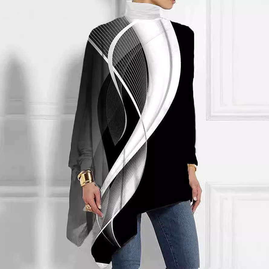 2025 New Spring and Autumn Fashion Long Sleeve High Collar Irregular T-shirt Designer Trendy 3D Printing Comfortable Polyester Trendy Short Sleeve1