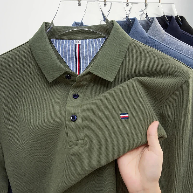 mens casual and fashionable ed long sleeved polo shirt comfortable breathable 250311