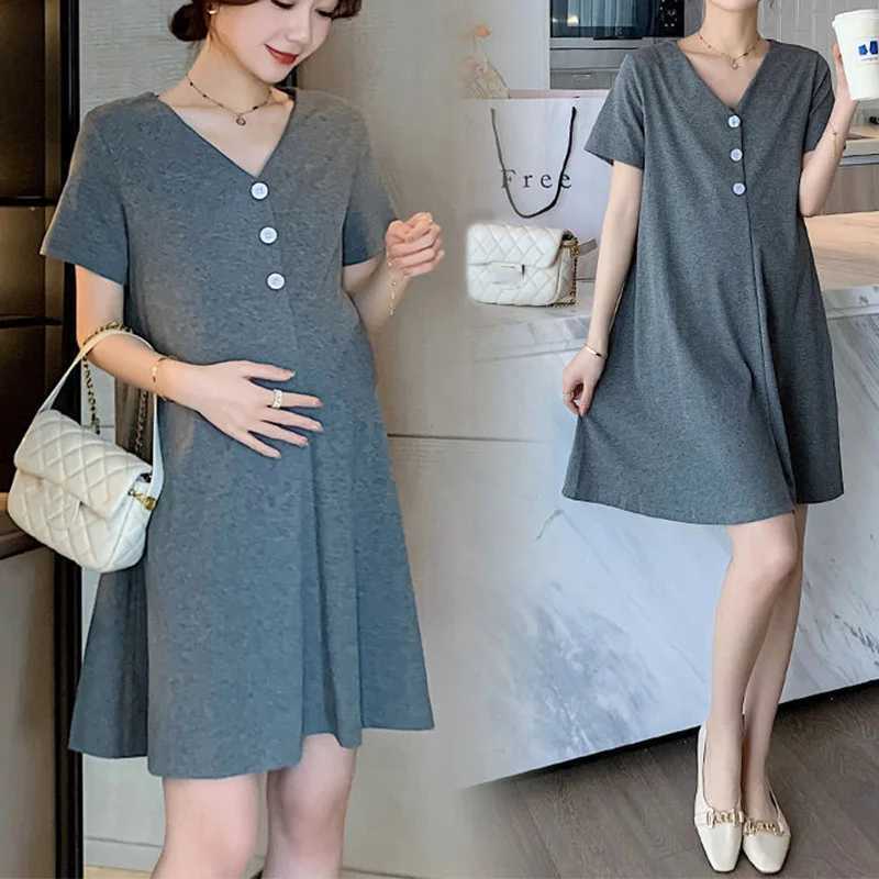 Summer Fashion Maternity Short Sleeves Long Dress Elegant A Line Slim Waist Loose Clothes for Pregnant Women Casual PregnancyT250311