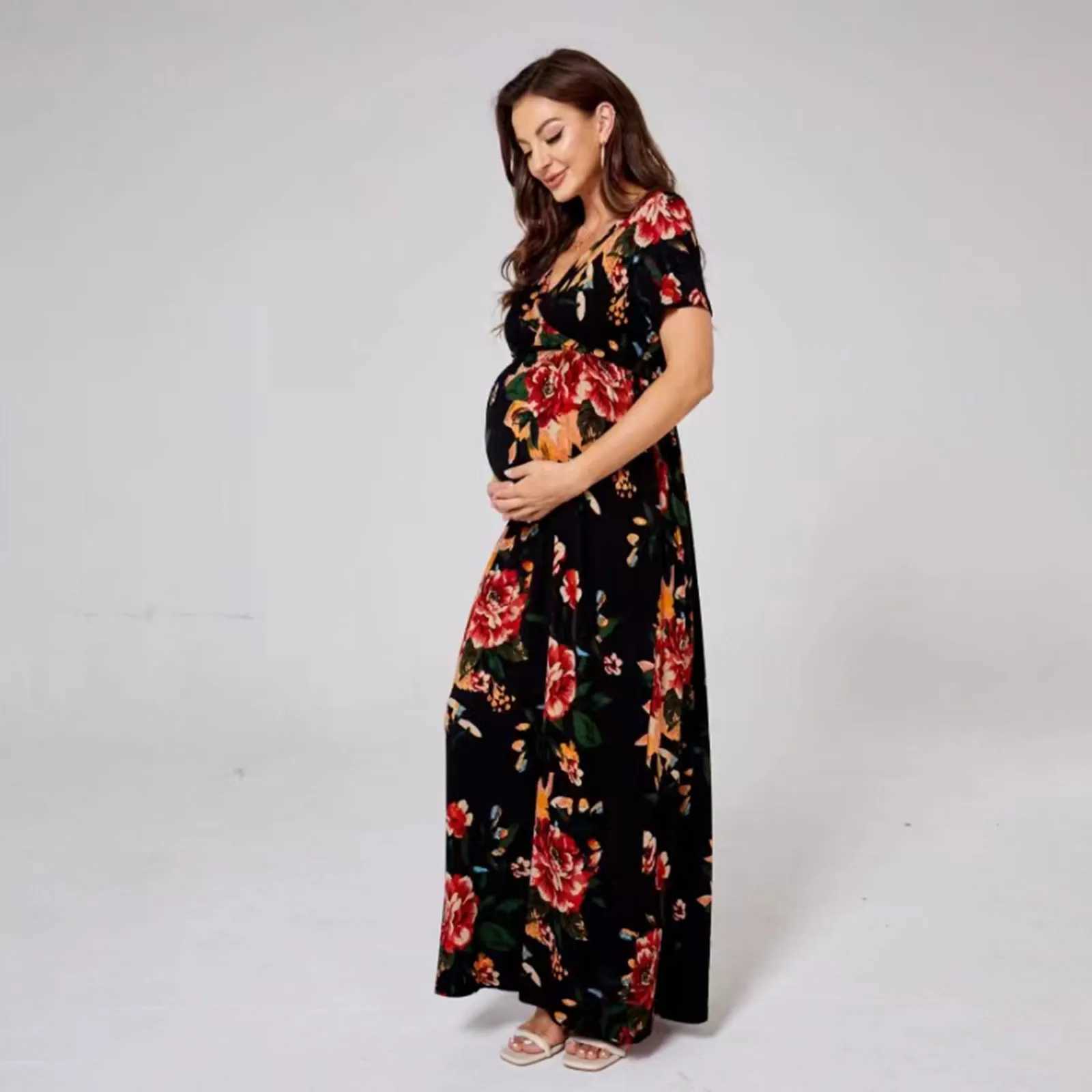 Womens Maternity Knit Dress Fashion Breathable Floral Short Sleeve DressT250311