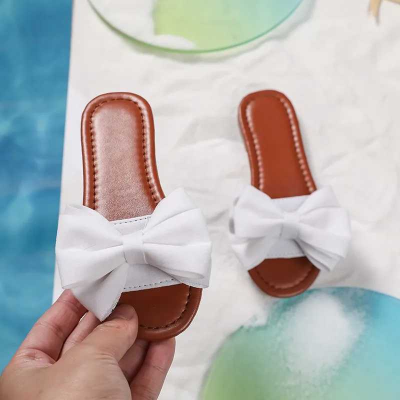 Summer Girls Slippers Flat Bowtie Sweet White Beige Children Sliders Light Slip-on Fashion Leisure Vacation Kids Sandals 26-36T250311