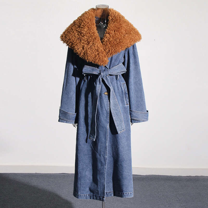 Street Style Niche Trench Coat Spring 2025, New Fur Collar, Detachable Long Denim, Waist Cinched Wide Jacket For Women