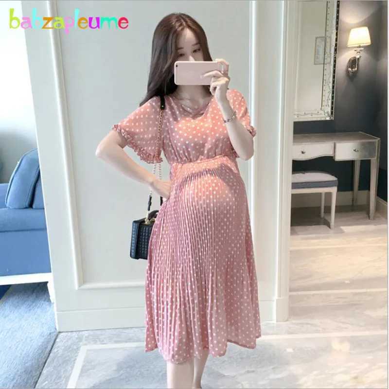 Summer maternity wear clothes pregnant sexy dress korean fashion short sleeve dot Chiffon loose pink dresses for women BC1460T250311