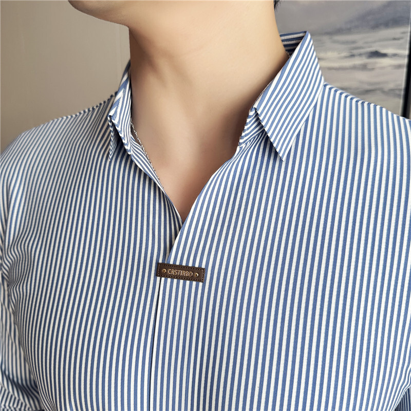 Thin striped long sleeved polo shirt for men, business casual t-shirt, men's dark placket, Korean version, high elasticity, autumn and winter new