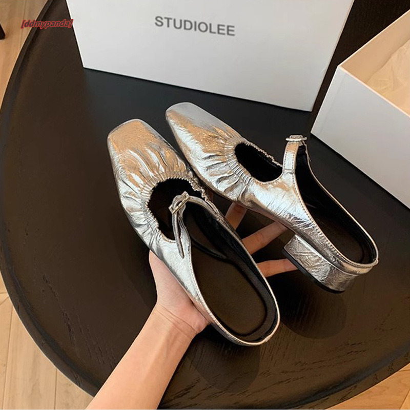 High end sheepskin version~Muse girl French square head pleated with one foot, water diamond buckle, Muller half drag for external fashion ddmypanda