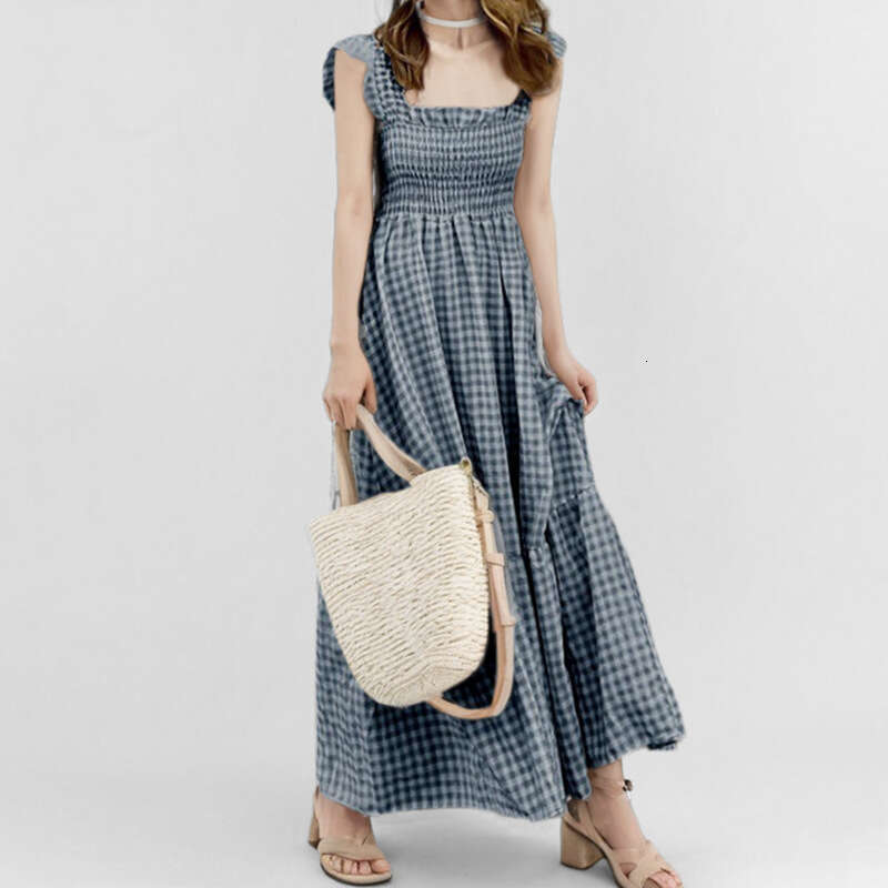 2025 Spring New Elegant Women's Commuter Collar Plaid Strap Elastic Large Swing Dress KLMY