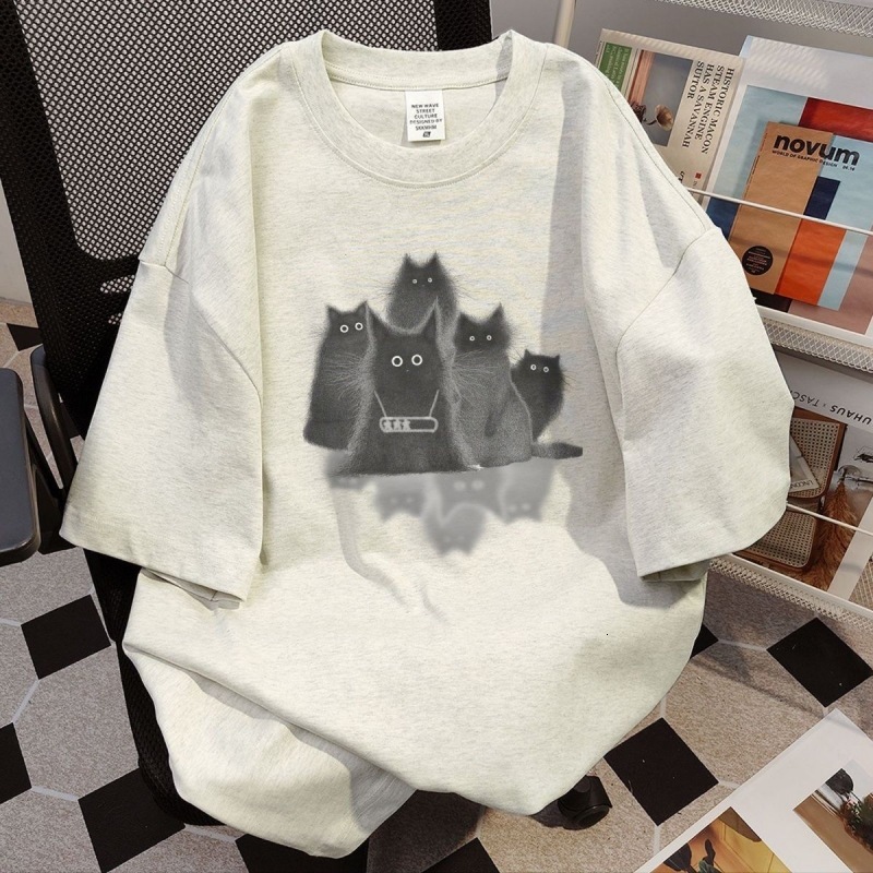 New cotton cat printed short sleeved designer women's T-shirt versatile, niche cute top 25 trendy styles to show off weight1