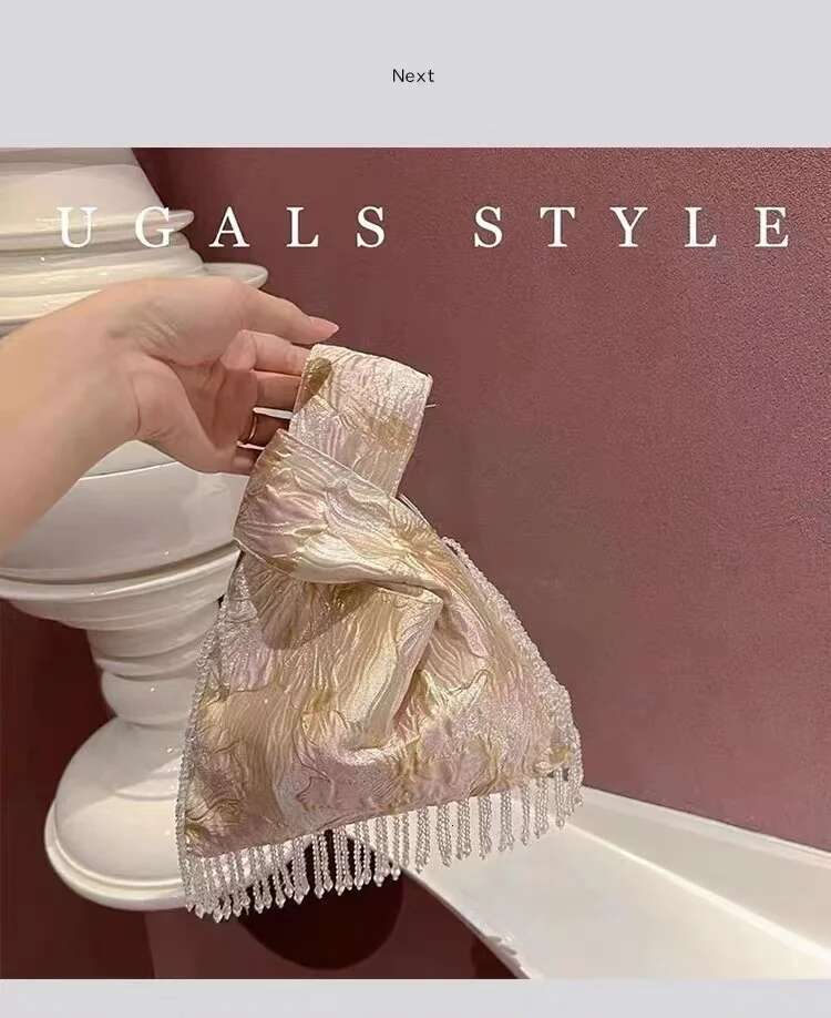 Fashion Ral Satin Bucket Women Handbag Pearl Beading Tassel Evening Wedding Party Clutch Purse Casual Tote Bag