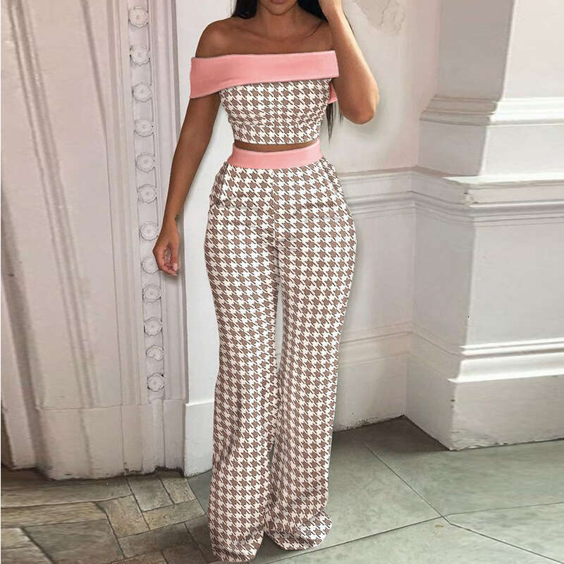 Women's New Sexy Off Shoulder Slim Fit Short Top Casual Printed Wide Leg Pants Set KLMY