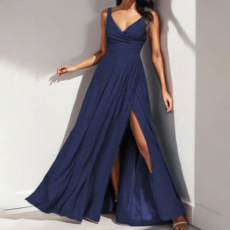 2025 Spring Women's Clothing Style Solid Color Strap Slips, Drawn Waist, Big Swing New Year Dress KLMY