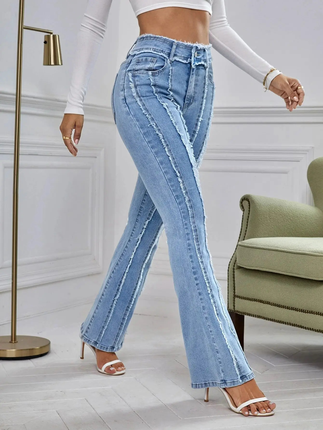 Flare Jeans Womens Tight High Waist Aesthetic Y2k Denim Trouser Retro Washing Mop Korean Fashion Street Shining 250311