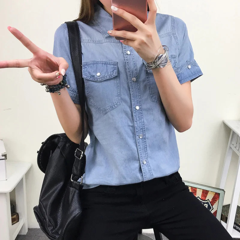 Wxw0138 Summer Cotton Denim Shirt Womens Short sleeved Slim fit Pre made Style Casual Jeans Basic 250311