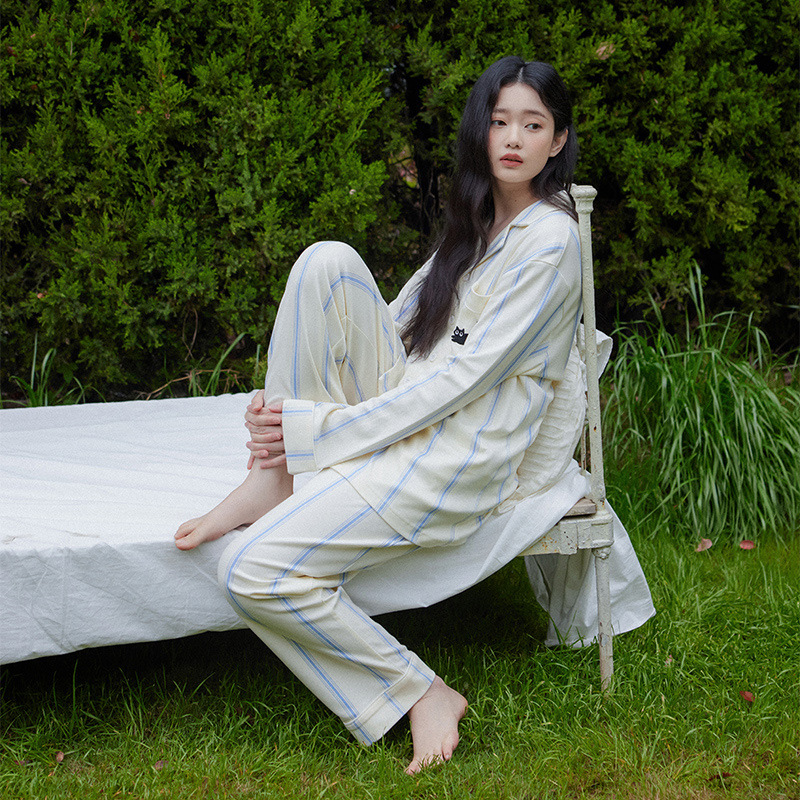 B769-Autumn new pure cotton pajamas women's vertical stripes cat long sleeve cotton home clothes suit