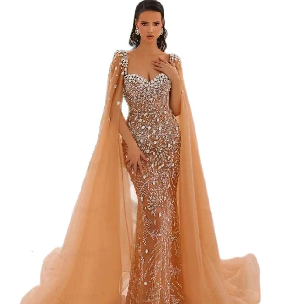 Prom dress long pearls and stones with crystals cape Dubai dress Arabic the evening dress