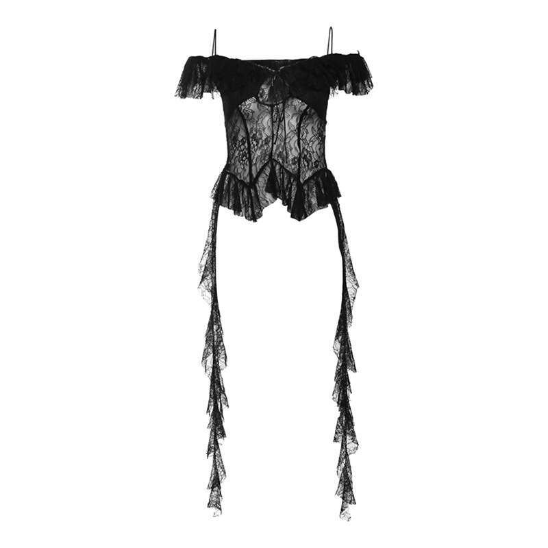European and American style summer women's solid color slim fit hollow perspective sexy one neck suspender short sleeved top 2025 new casual vers