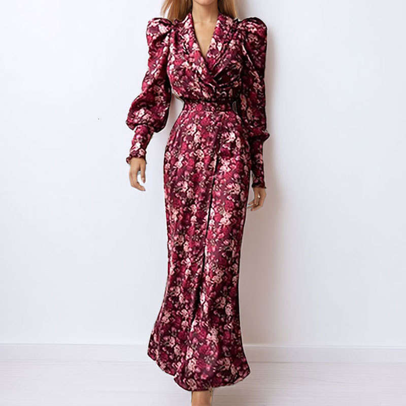 Women's 2025 Printed Waist Cinching V-Neck Slit Sexy Sleeved Dress Long Skirt KLMY