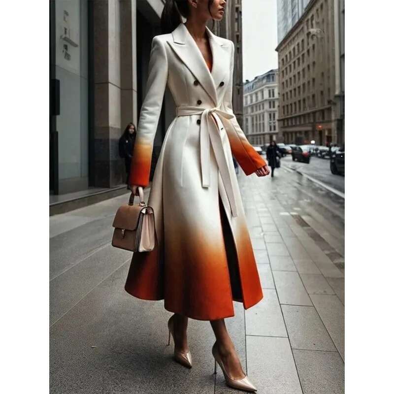 Modigirl Winter Coat For Women 2024 New Trendy Long Sleeves Split-Joint Tied Wais A-E Woman Gradient Coats Clothing