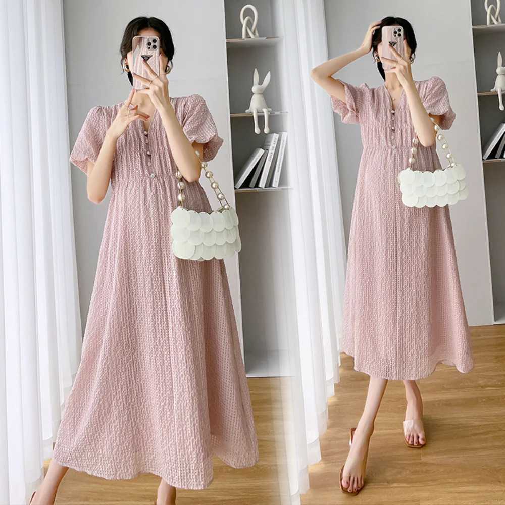 Summer Maternity Women Dresses V-neck Short sleeved Pregnant Womens Dress Pink Sweet Pregnant Women Dress Maternity Maxi DressT250311