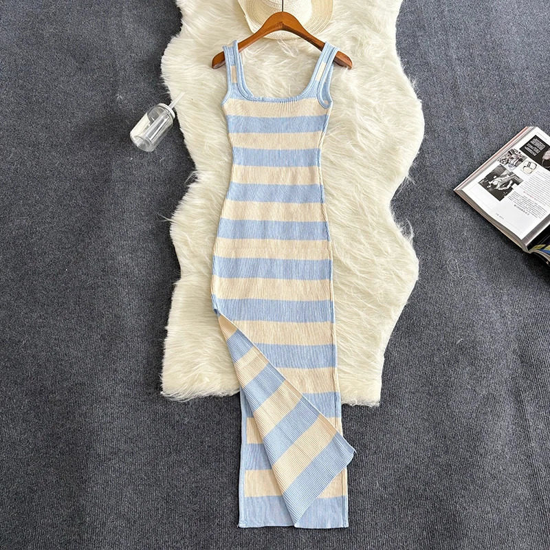 Stripe Summer Elastic Split Bodycon Dress Sexy Beach Vacation Sundress Women Casual Slim Pencil Dresses Maxi Long 250311
