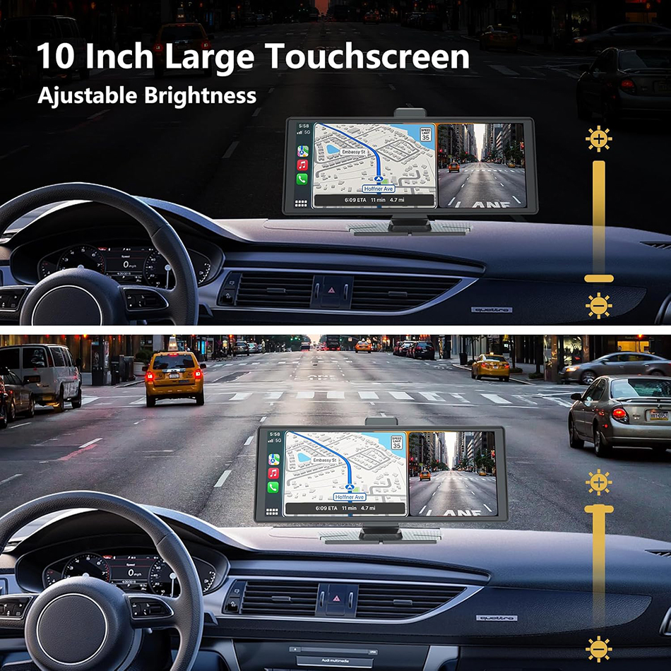 10.26'' Wireless CarPlay & Android Auto Screen for with 4K Dash Cam, 1080p Backup Camera, Bluetooth, GPS Navigation, Voice Control, Mirror L