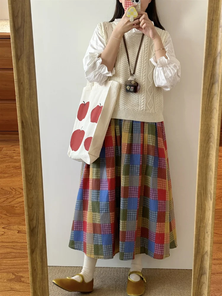Womens Aline Colorful Checkered Pattern Umbrella Skirt Young Girl Vintage Fashion Female High Waist Loose Calflength Skirts 250311
