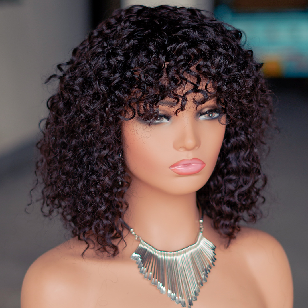 8 to 14 Inch Deep Wave Curly Bob Wig Real Human Hair with Machine Weft Cap and Bangs Perfect for a Natural and Stylish Look
