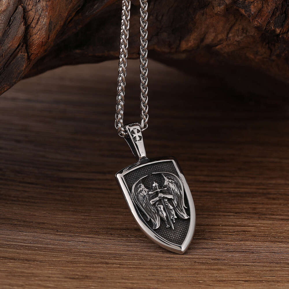 Fashionable stainless men's angel shield necklace, titanium steel pendant, double-sided letter hanging tag