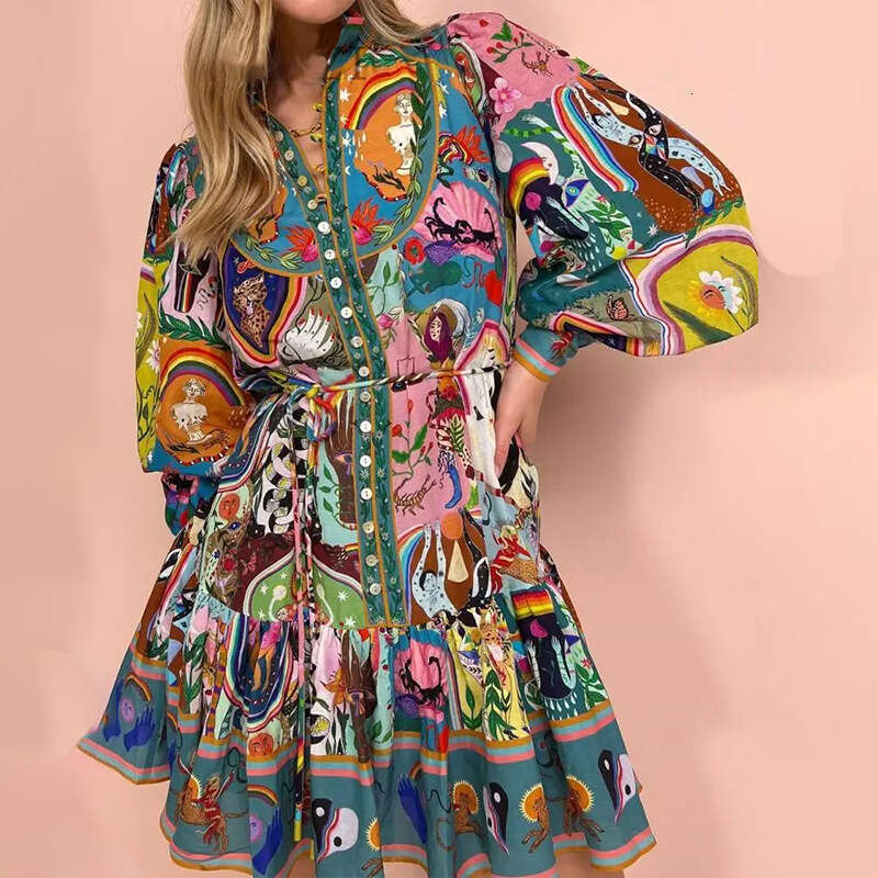 Women's 2025 Spring New Printed Round Neck Waist Strap With Hundred Fold Ruffle Edge Long Sleeve Dress KLMY