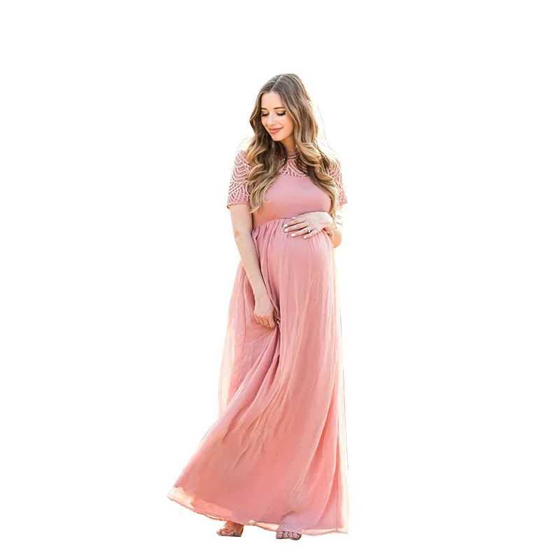 Maternitys Dress Pregnancy Photography Props Dusty Pink Long Chiffon Elegant Pregnant Women Clothes Lace DressesT250311