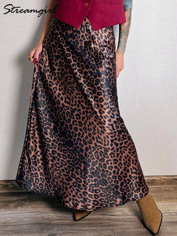 Long Leopard Skirt Women y Satin Skirts Ladies Office Party A Line High Waist Brown For Maxi Spring Summer 250311