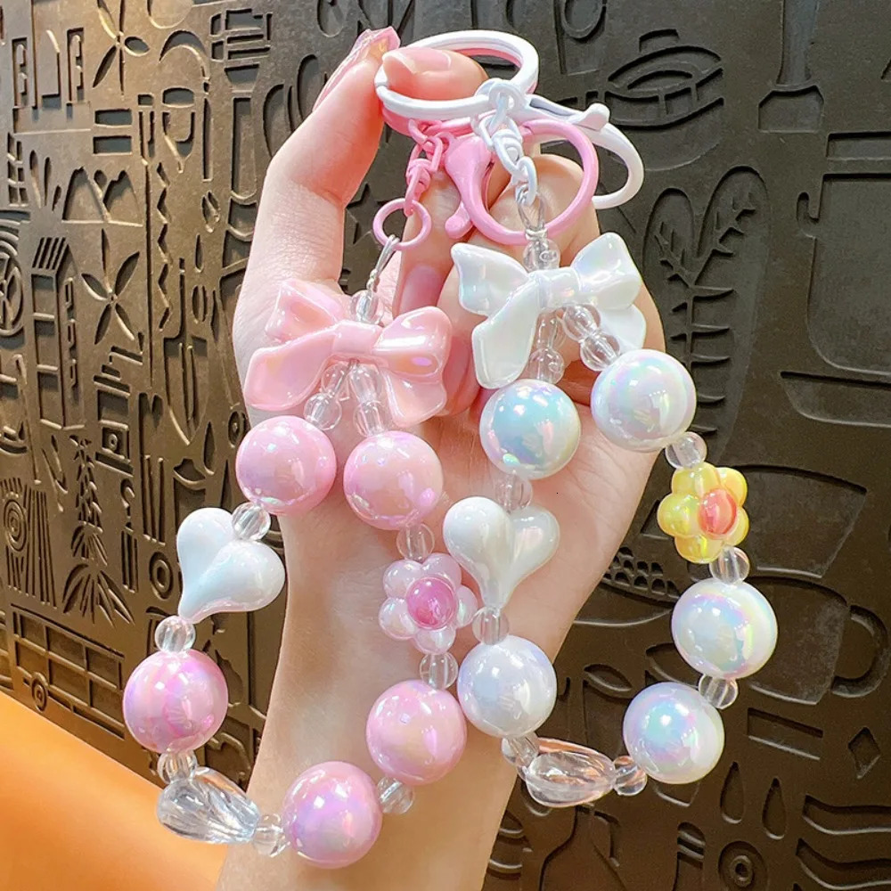 Creative Mobile Phone Strap Candy Color Beaded Car Keychain Bow Heart Bag Pendant Chain Lanyard 250311