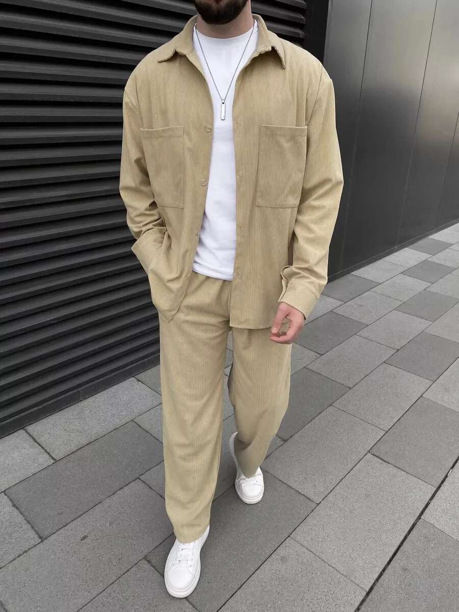 Spring Autumn Europe And The United States Cross-Border Men's Corduroy High Quality Long Sleeve Coat Casual Pants Two Piece