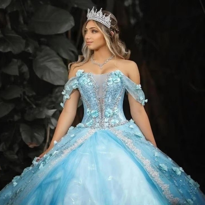Sky Blue Off The Shoulder Princess Ball Gown Quinceanera Dresses 3D Flower Sequin Applique Beads Sweet 16 Dress Vestidos 15 Anos