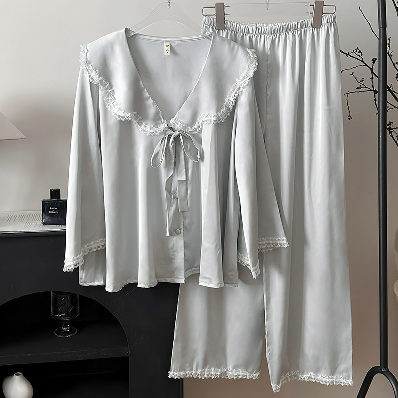 Women's Sleepwear Spring Women Satin Silk Pajama Set V Neck Loose Sleepwear Pyjamas Nightgown Female Loungewear Home Suit