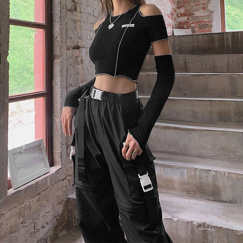 European American style women's 2020 autumn and winter label slim fit round neck off shoulder short T-shirt for women 2025 new casual fashion tre