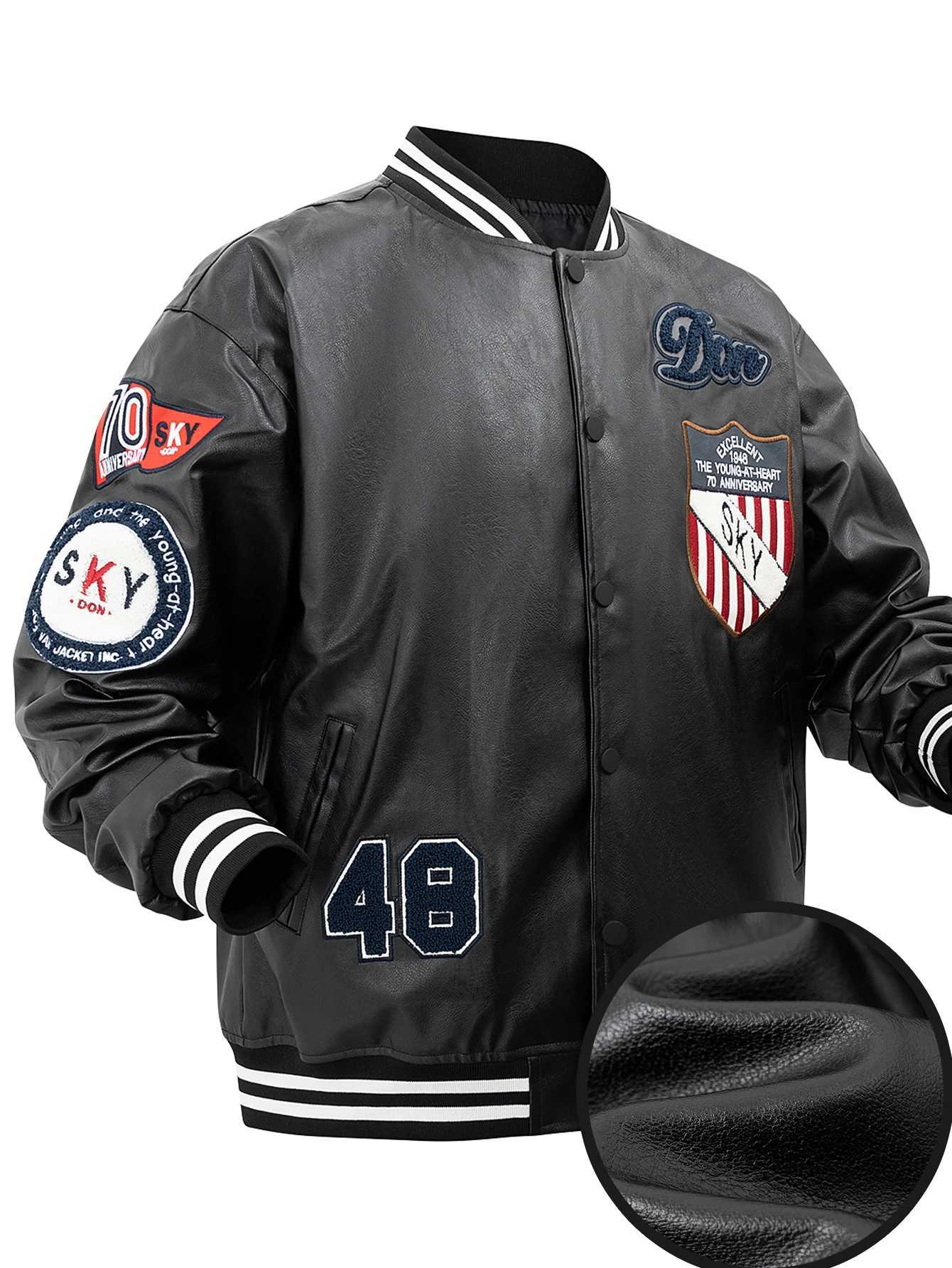 Mens Faux Leather Varsity Jackets With Embroidered Patches Motorcycle Black Windbreaker Bomber Jacket Men for Fall winterT250311