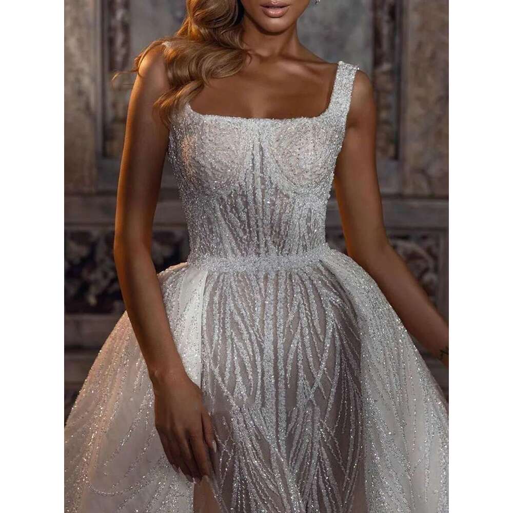 Bright Mermaid with Detachable Train, Square Necklace, Backless, Saudi Arabia, Crystal Beading, Bridal Dress