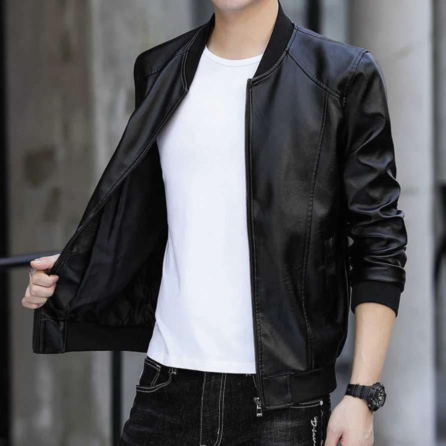 Men Leather Jacket Men Autumn Winter Business No Collar Zipper Casual Youth Solid Color Waterproof Korean Wlde-waisted CoatsT250311