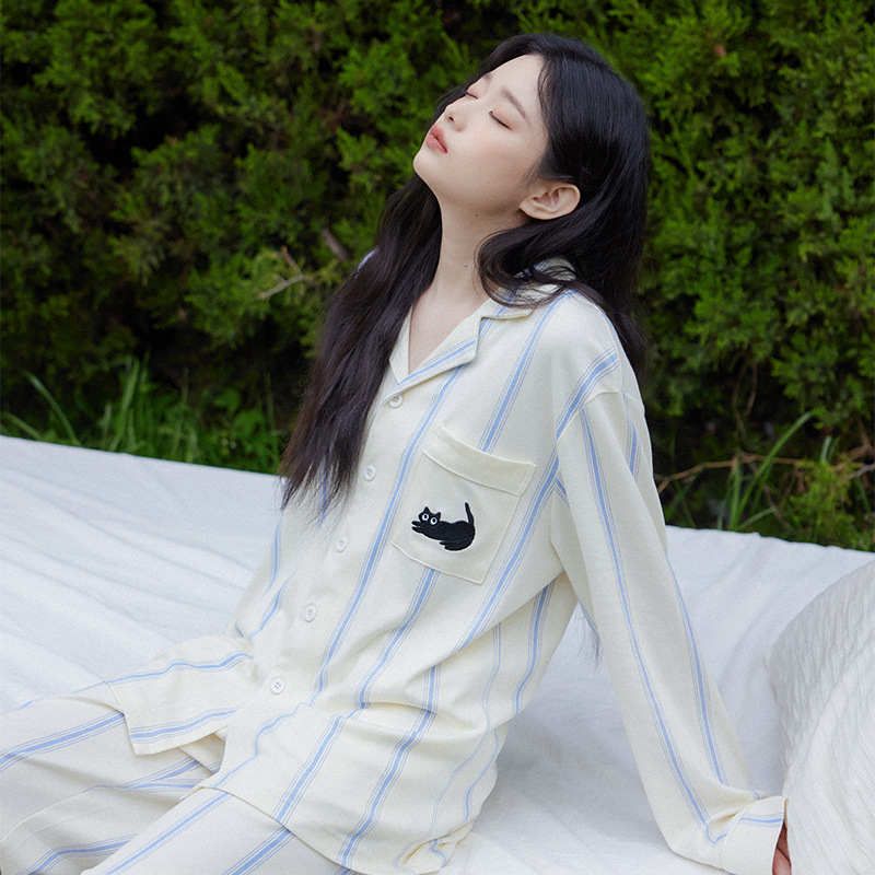 B769-Autumn new pure cotton pajamas women's vertical stripes cat long sleeve cotton home clothes suit