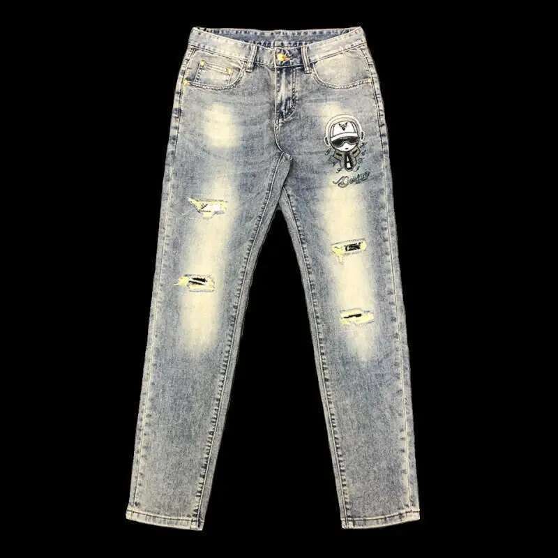 2025 Spring summer Casual Pants Slim Fit Denim Men's Pants With Patch Holes And Printed Denim Fashion Designer Men s Jeans Outdoor Sports Pants