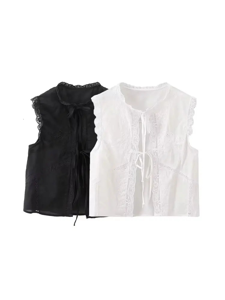 TRZAWomens Lace y Blouses O Neck Sleeveless Front Tied Female Shirts Chic Tops Fashion 250311