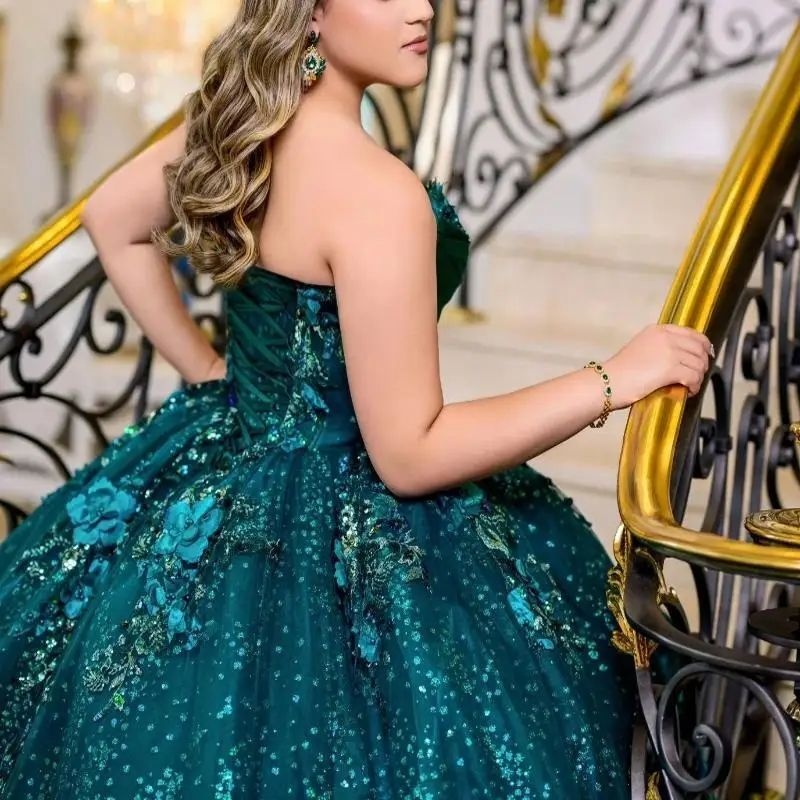 Blackish Green Shiny Princess Ball Gown Quinceanera Dresses Lace Appliques Crystals Beads Party Birthday Sweet 16 Dress Vestidos 15 De Anos
