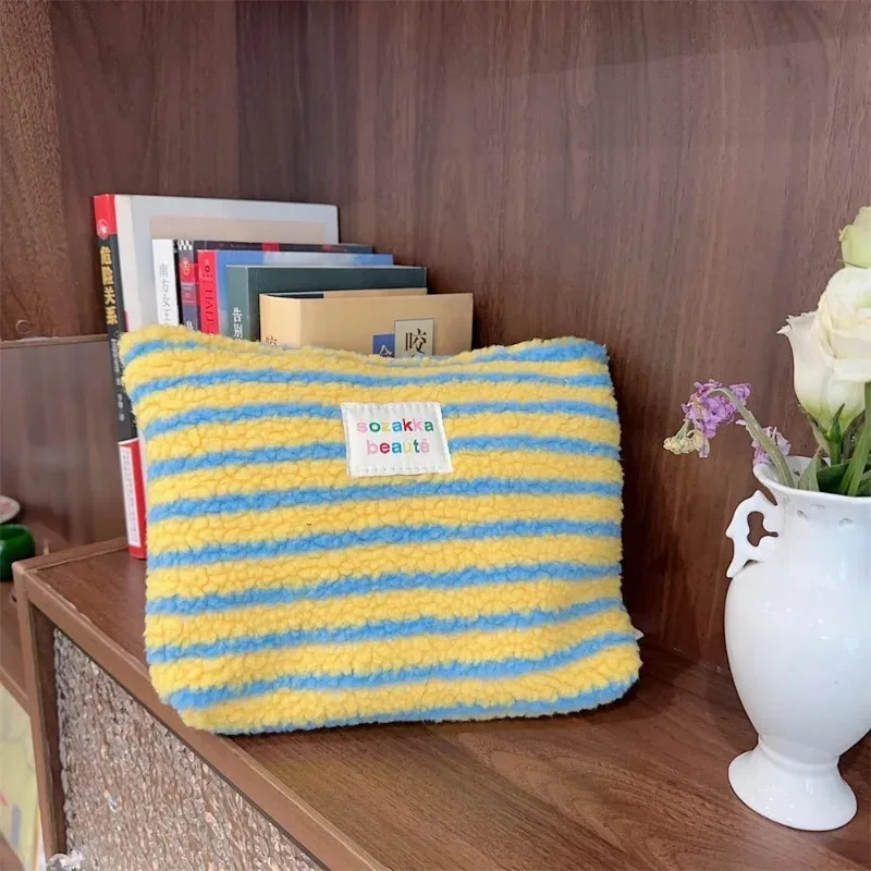 color striped dot plush clutch cosmetic bag large capacity toilet travel outdoor makeup storage 250311