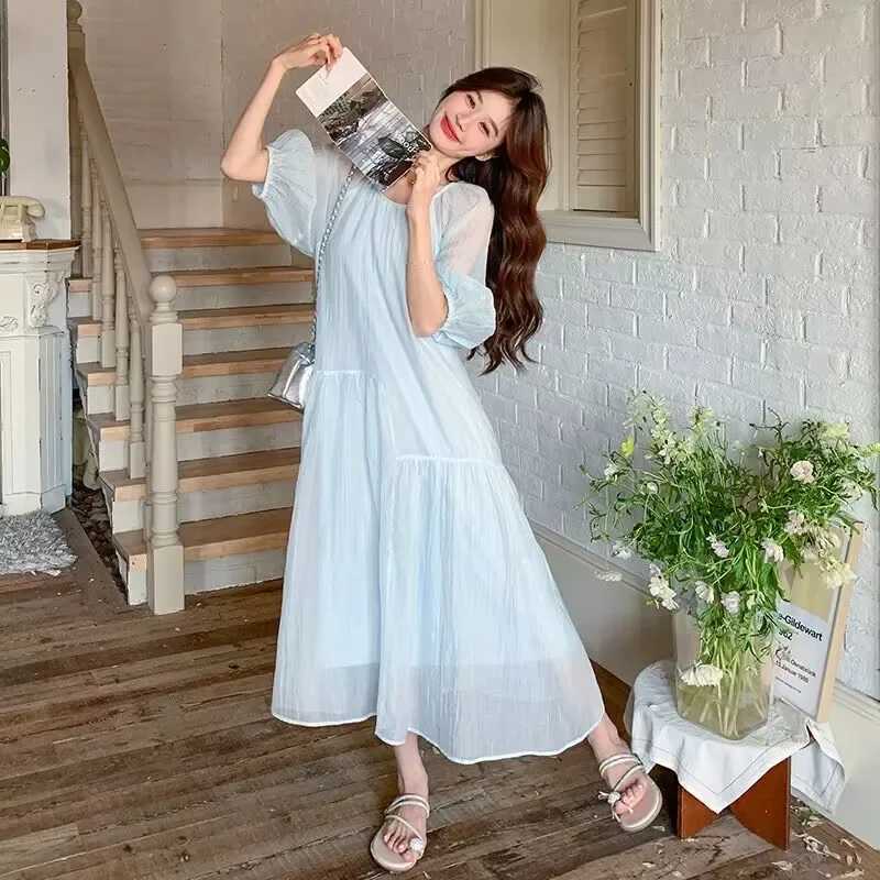 French Style Pregnant Woman Beach Dress Puff Sleeve Long Loose Maternity Sweet Holiday Dress Plus Size Ball Gown Chiffon DressesT250311