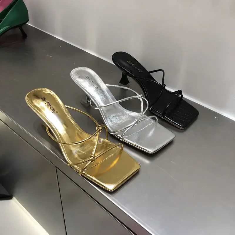 Korean Summer Womens Thin High Heels Sandals 2023 Ins Square Thin Toes Bandeau Med High Heels Slippers Sexy Gold Sier Black ShoesXJ250311