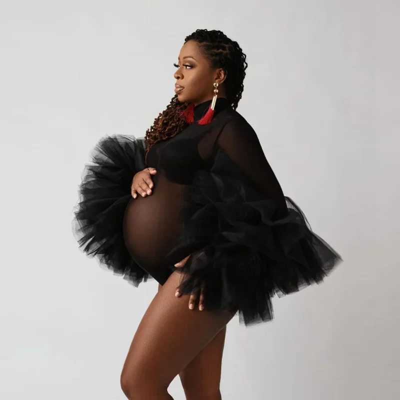 Maternity Photography Props Bodysuit Puffy Ruffled Sleeve Photography Bodysuit Black See Through Tulle Dress For Pregnant Women X250224
