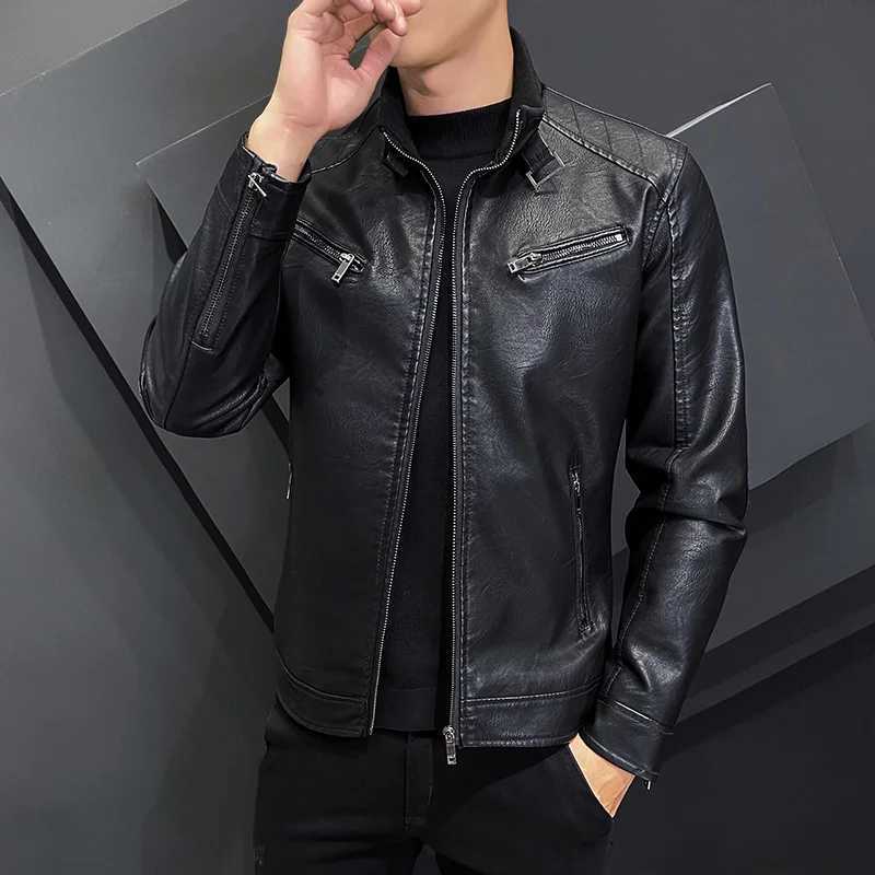 New Zipper Stand Windproof Leather Coat Mens Motorcycle Leather Jacket Slim Fit Short-Coat Lapel PU Jackets Autumn Mens ClothingT250311