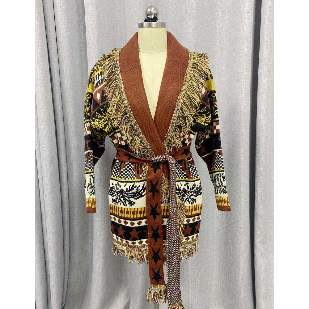 Autumn/Winter Thickened Ethnic Style Sweater Cardigan Loose Jacquard Mid Length Coat With Tassel Knit