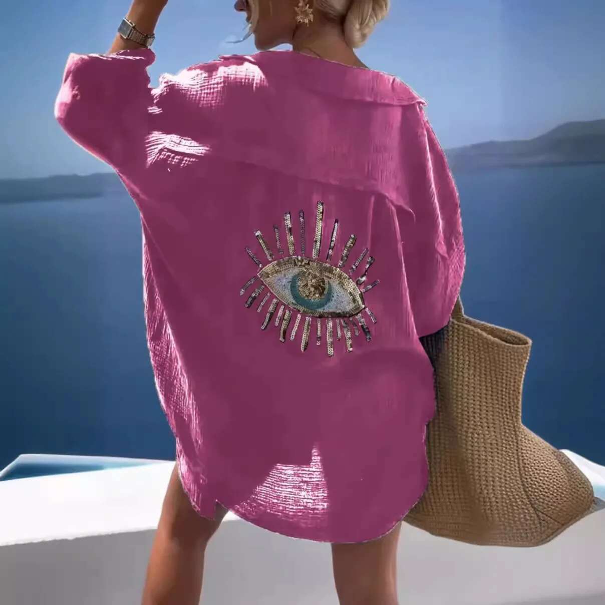 2024 Spring Oversize Women Shirt White Print Turn-Down Collar Long Sleeve Loose Blouses Female Casual Trendy Beach Lday Clothes