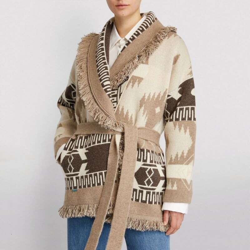 Bohemian Fringe Cardigan In Autumn And Winter, Niche Geometric Pattern, Contrasting Color Jacquard Knitted Jacket For Women